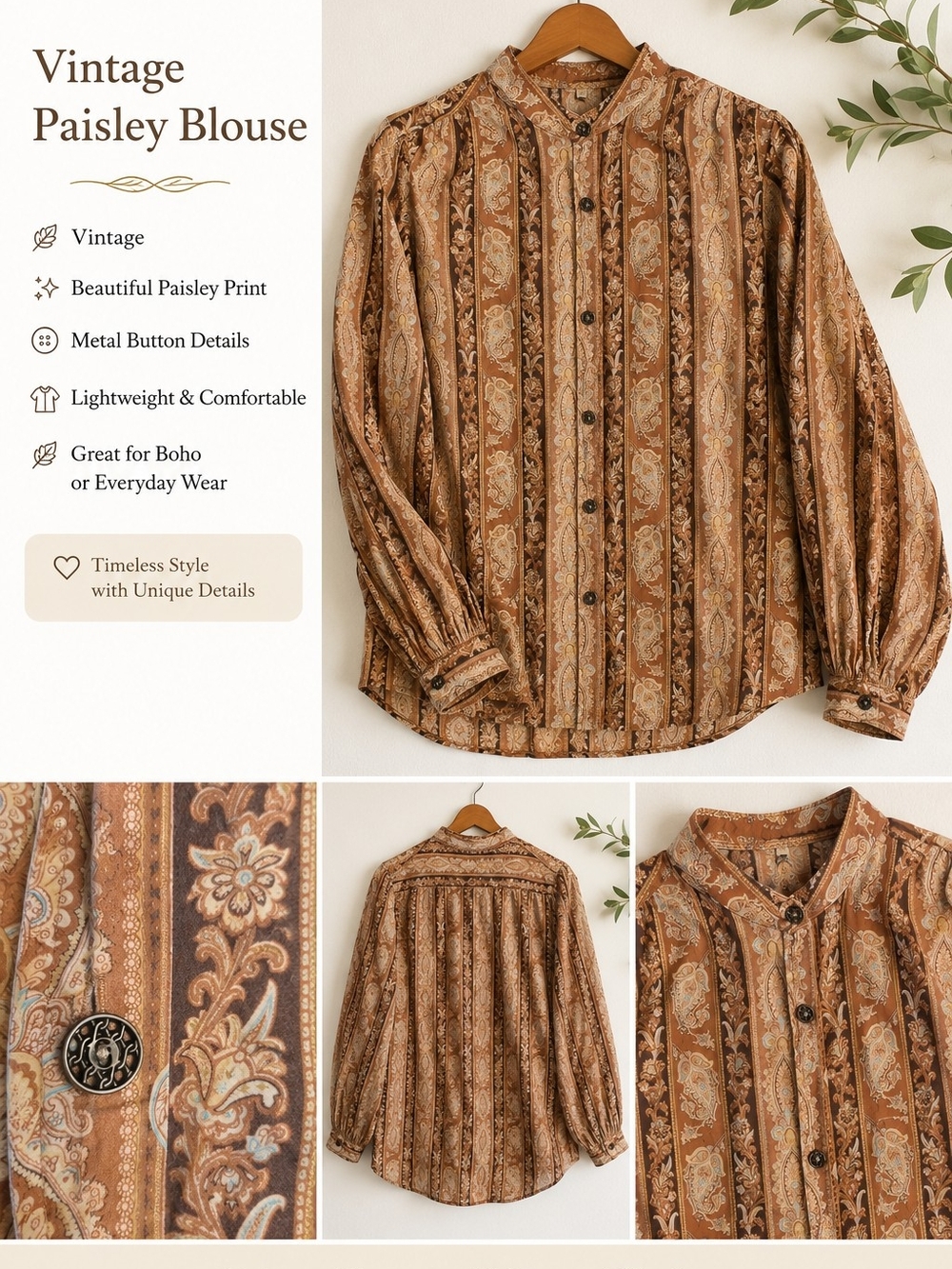 Paisley Stripe Button-Down Blouse in Brown